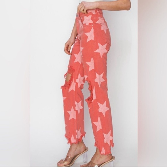 NWT Risen Jeans in Peach Pink Denim White Star Print Women’s Size 11/30 - Picture 3 of 15